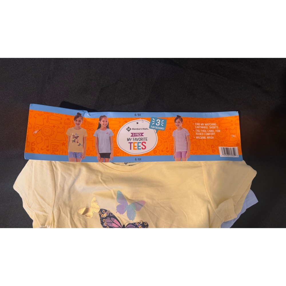 Member's Mark Girls 3-Pack My Favorite Tees Butterfly Striped Yellow Blue 6/6X